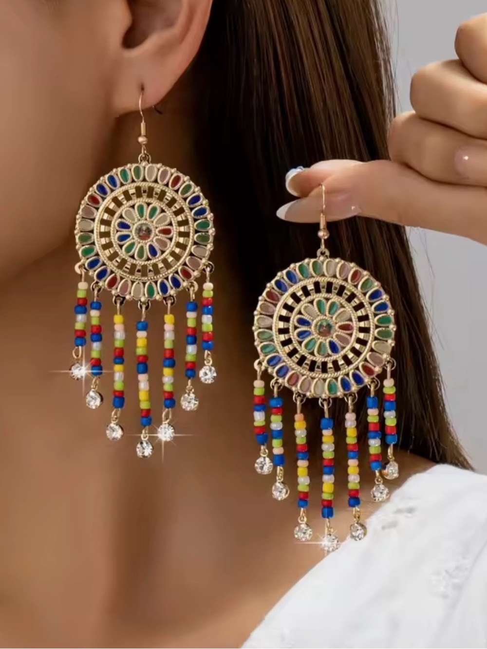 Gold-Tone Multicolor Beaded Dreamcatcher Earrings - Women Jewelry